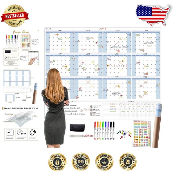 Large 48"x60" Erasable Yearly Wall Calendar with Goal Tracker &