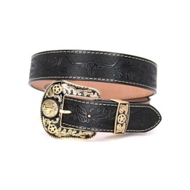 West Star Texas Western Cowboy Belt – Black Tooled Leather with Gold Longhorn Buckle - Longhorn Pattern- Size M for Pants Size 34