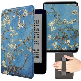 KEROM 6.8 Inch Kindle Paperwhite 11th Generation Case 2021 (Model Number: M2L3EK/M2L4EK), PU Leather Protective Case with Wrist Strap and Auto Sleep/Wake Function, Almond Blossom