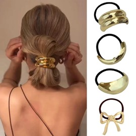4PCS Metal Hair Ties,Metal Geometric Elastic Hair Ties,Ponytail Hair Cuff,Gold Hair Ties,Gold Hair Cuff Wrap Hair Ties for Thick Hair Gold Ponytail Cuff Elastic Hair Ties for Women Hair Accessories(3)