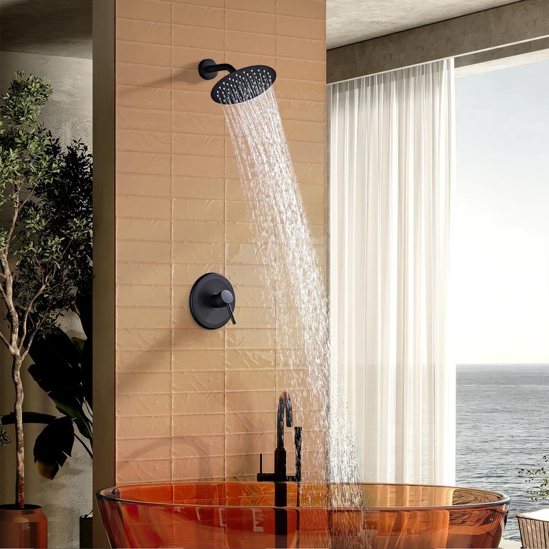 SaniteModar Black Shower Faucet Set 8 Inch Round Rainfall Shower