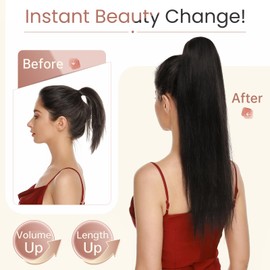 Elailite Human Hair Ponytail Extension Real Hair Claw on Natural HairPiece Straight (#1B Natural Black, 16 Inch)