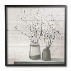 Stupell Industries Willow Flower Still Life Neutral Grey Painting Black Framed Wall Art, 12 x 12, Multi-Color