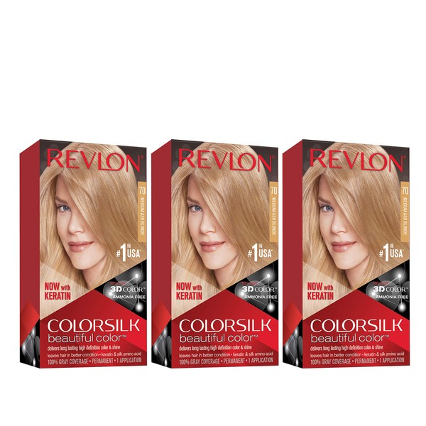 Revlon Colorsilk Beautiful Color Permanent Hair Color with 3D Gel Technology & Keratin, 100% Gray Coverage Hair Dye, 70 Medium Ash Blonde, 4.4 oz (Pack of 3)