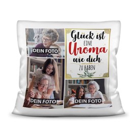 PR Print Royal Kissen mit Füllung - Fotocollage selbst gestalten mit Spruch für Uroma - GLÜCK - mit drei eigenen Fotos - Geschenkidee Fotokissen - Kissen Polyester - Weiß