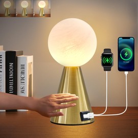 ZSANZYU Gold Small Table Lamp for Bedroom with USB A+C Ports, Modern Bedside Lamps for Night Stands, 3 Way Dimmable Touch Lamps with White Glass Shade for Small Spaces, Warm White LED Source