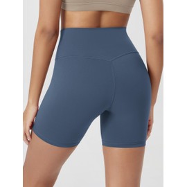 ODODOS Cloud Feeling Cross Waist Yoga Shorts for Women, 6" Crossover High Waist Lounge Biker Shorts, Ink Blue, Medium