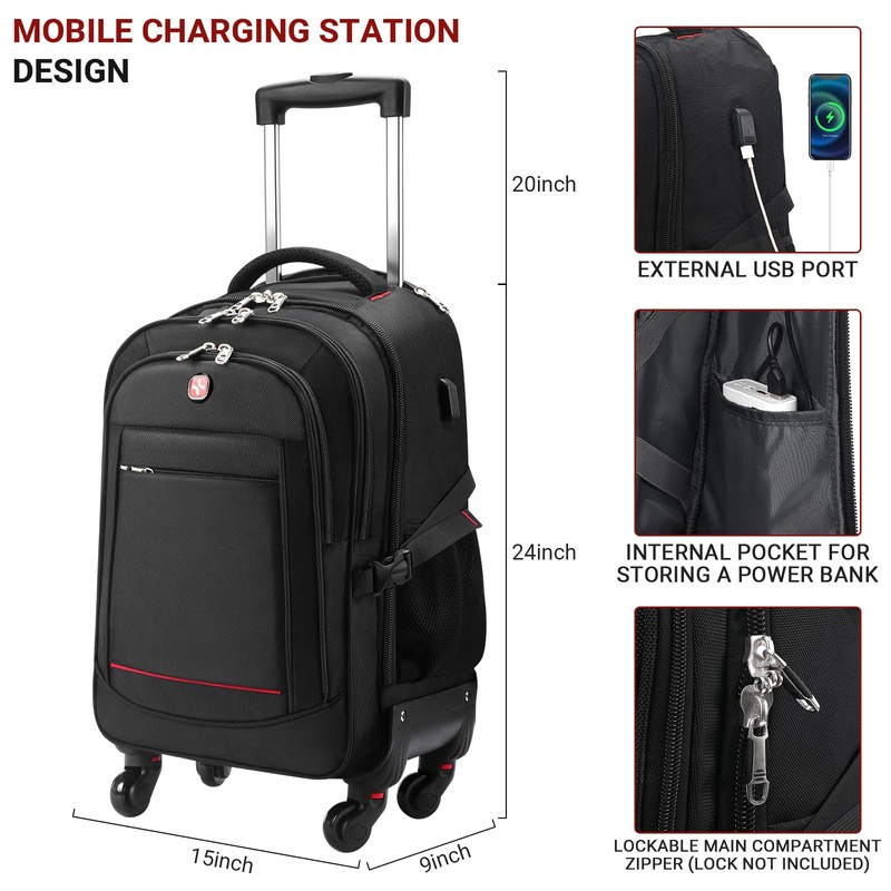 StarCloud 4-Wheel Checked Rolling Backpack 55L (24x15x9in): Extra-Large Roller Travel