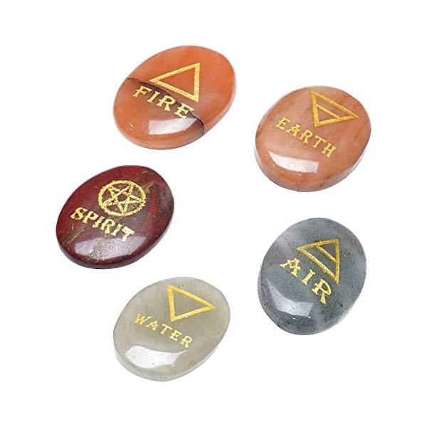 Crocon 5 Element Assorted Stone Engraved Triangle Symbol (Earth Airfire Water Spirit) Polished Palm Stone Reiki Crystal Healing for Gemstones