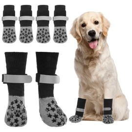 4Pcs Anti Slip Dog Socks to Prevent Licking Paws, Gray Dog Paw Protector Socks with Reflective Strips, Elastic Dogs Booties for Hardwood Floors, Grippy Sock for Small Dogs(S)