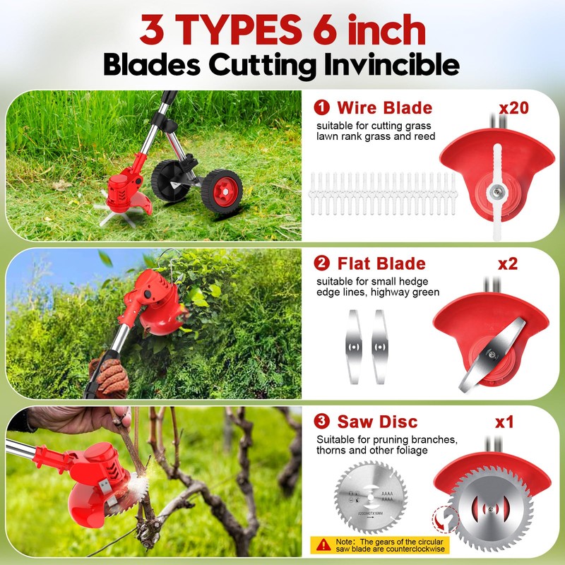 Cordless Weed Wacker with Wheel, Electric Weed Eater Battery Powered