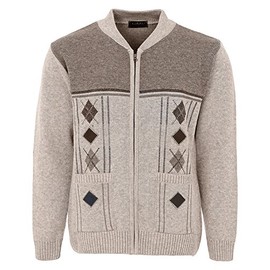 Men Knitted Cardigan Zip Front Chunky Cable Knit with Front Pockets, Medium, Beige Mix