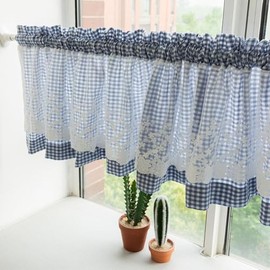 Huierxun Blue and White Buffalo Check Plaid Window Valances Floral Lace Semi Sheer Kitchen Curtain Farmhouse Gingham Curtains Rod Pocket Valances for Living Room (Blue B,59"x18")