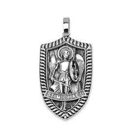 LA BLINGZ Oxidized Sterling Silver Saint Michael Archangel Shield Pendant for Men – Spiritual Protection Necklace – Optional Rolo Chain (Pendant (no chain))