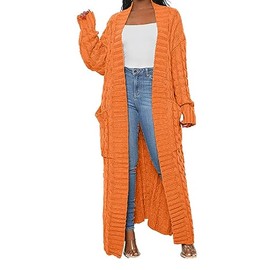 HresslbD Stylish Cable Knit Dual Pocket Cardigan, Long Plus Size for Women's Dresses, Fall (Orange, XL)