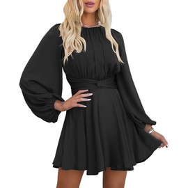 MITILLY Women's Elegant Satin Long Sleeve Round Neck Wrap Tie Waist Flowy Cocktail Party Mini Dress Medium Black