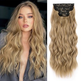 JIAMEISI Clip in Hair Extensions 4PCS Full Head Long Wavy Hair Extensions Synthetic Fiber 22 Inch 200g Clip in Thick Hairpieces for Women/Girls (#22 Dark Golden Mixed Beige Blonde)
