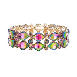 Clearine Wedding Bridal Gorgeous Sparkling Crystal Prismatic Stretch Bangle Bracelet for Women Party Prom Jewellery Multicolour Gold-Tone