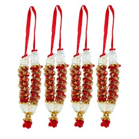 Aditri Creation Set of 4 Mala Artificial Flowers Ribbon Garland Haar for Idol-Mala for God, Indian Traditional Pooja Sringar Articles Ornament for Festival Decoration Size 4" (Red& White)