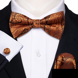 Barry.Wang Men's Paisley Silk Pre-tied Bow Tie Set Pocket Square and Cufflinks for Weddings and Formal Events