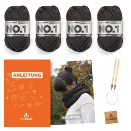 myboshi Rochester Round Scarf Knitting Set Including No. 1 Wool, Needle and Instructions for Hats and Scarves, Knitting Pack, 30% Merino Wool, Grey with Circular Knitting Needle