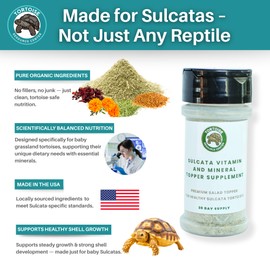 Sulcata Tortoise Calcium, Vitamin and Mineral Topper Supplement | Salad Topper for Baby Sulcata Tortoises | Promotes Health, Immunity and Strong Shell | 30-Day Supply in Easy to Use Shaker