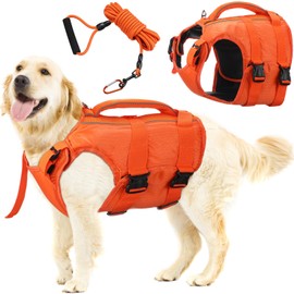 Relaxweex Dog Life Vest with Floating Long Leash High Flotation Reflective Adjustable Dog Life Vest and Long Lead Training Tracking Line for Outside Hiking Swimming Beach Lake(XXL)