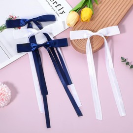 4PCS Bows for Women Hair Ribbons, Navy/White Bow Hair Ribbon Clips, Long Tail French Tassel Bow Barrettes Women Girls Gift