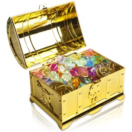 GBKDQQ Treasure Chest Children's Birthday Treasure Chest Gold Coins Pirate Treasure Set, Box Lockable with Lid and Lock, Children's Birthday Treasure Chest with 20 Pirate Gold Coins and 100 Gemstones