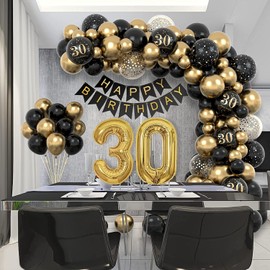 30th Birthday Decorations for Men Women, Black Gold 30th Birthday Balloons Party Decorations with 30th Happy Birthday Banner, Happy Birthday Garland Balloons Black Gold Decor for 30th Birthday Party