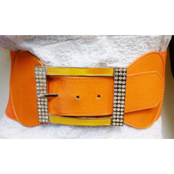 Unbranded Ladies Waist Elastic Orange Wide Belt W/ Rhinestones Square