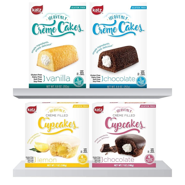Katz Gluten Free Snacks Heavenly Creme Cake Variety Pack | Chocolate & Vanilla Creme Cake, Chocolate & Lemon Cupcake | Dairy Free, Nut Free, Soy Free, Gluten Free | Kosher (1 Pack of each)