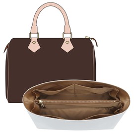 OAikor Purse Organizer Insert Compatible with lv Speedy 30/Monogram Bags and More, Light Waterproof Dupont Paper Bag Insert Shaper Protector for Women Tote Handbags, 11 Pockets with Zip(White&Brown,L)