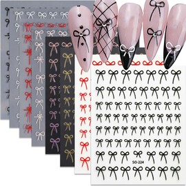 HPYFOI 8 Count Bow Nail Art Stickers, Self-Adhesive, Vinyl, Glossy, Black, White, Red, Gold, Aurora, 3D, DIY Nail Designs, Manicure Decorations, Women, Adults, All Seasons