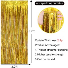 2 Pack Gold Metallic Backdrop Curtain 3.2 Ft X 8.2 Ft Foil Fringe Tinsel Curtains Backdrop for Parties Gold Streamers Backdrop for Birthday,Graduation,New Year Eve Decorations Wedding Decor