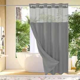 Gibelle Long Shower Curtain 72x80, Waffle Weave Bathroom Shower Curtain with Snap-in Fabric Liner Set, No Hooks Needed, Hotel Style with Mesh Top Window, Grey