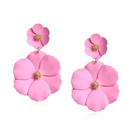 Aishgjia Large Double Flower Earrings Candy Color Metal Flower Dangle Earrings Romantic Boho Sweet Gold Chic Wild Flower Statement Earrings for Women Wedding Party Jewelry (Pink)