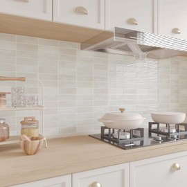 CHIHUT 12"X12" Beige Peel and Stick Kitchen Backsplash Tiles Glossy Self Adhesive Waterproof Vinyl Subway Tile 6 Sheets Removable Rectangular Back Splash Stick on Tiles for Laundry Room Shower Walls