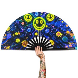 Raveahem Large Folding Fan, 13 Inch Clack Rave Fan Hand Held Fan for Women Men with Premium Satin Fabric, Thick Bamboo Frame for EDM, Music Festival, Party, Dance, Decoration, Gift (Rave Grin)