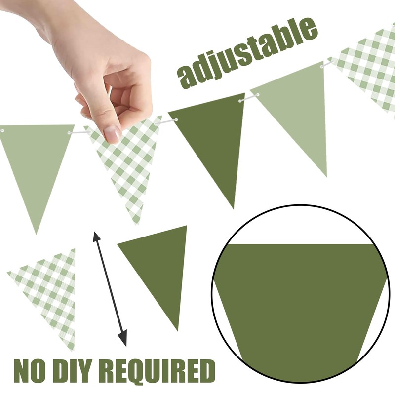 3Pcs Sage Green Gingham Pennant Banner Pre-Strung Triangle Flag Garland