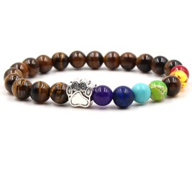 7 Chakra Natural Stone Paw Charm Bracelet (Brown) Lava Rock Mala Beads Elastic Bracelet Yoga Meditation Healing, Dog Puppy Cat Animal Paw Bracelet…