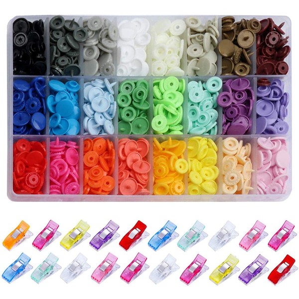 VEGCOO 428 x Press Studs Kit, 24 Colours Plastic Press Studs T5 12 mm, 20 Sewing Pliers in New Colours, with Box Storage