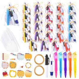Marspark 24 Sets Back to School Gifts Mini Pens with Keychain and Sticky Notes Set Highlighter Permanent Marker Ballpoint Pen with Apple Shape Self Sticky Notepads for Teacher Student Classroom Gifts