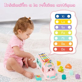 Juguetes Didácticos, Juguetes de Xilófono Educativo Estimulación Temprana, Juguetes Educativos de Aprendizaje Xilófono & Bus Clasificador de Instrumentos Musicales con Clasificador de Formas - Rosa