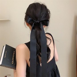 Yheakne Vintage Black Bow Hair Clip Barrette Long Tail Black Bow Hear Clip Barrette Black Bowknot Barrette Black Silky Bow Ribbon Barrette Silky Hair Clip Headwear Jewelry for Women (Black)