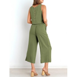 ANRABESS Women's Summer 2 Piece Outfits Sleeveless Crop Top Capri Wide Leg Pants Jumpsuit Casual Linen Lounge Matching Sets Beach Travel 2025 Trendy Clothes Army Green Small