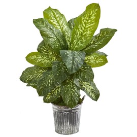 Nearly Natural 38” Dieffenbachia Artificial Vintage Metal Bucket (Real Touch) Silk Plants Green