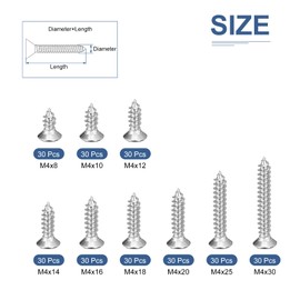 DTGN 270Pcs Wood Screws Assortment Kit - 9 Sizes 304 Stainless Steel M4x(8-30mm) Phillips Flat Head Self Tapping Screws - for Woodworking, Furniture