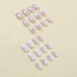 Snowflake Press on Nails Medium Fake Nails, LPOODDNU Christmas Press on Nails Square Shape White False Nail Tips Cute Winter Snowflakes Glue on Nails for Women Holiday Manicure Tip Decorations, 24pcs