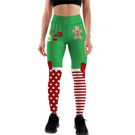 High Waist Tummy Control Stripes Bow Graphic Christmas Leggings Gingerbread Man Print Elastic Tights Pants Butt Lift Polka Dots Xmas Leggings for Women Christmas Party Costume XL